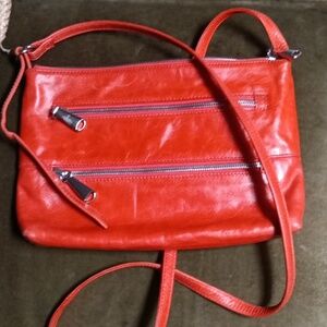 HOBO The Original Orange Leather SHOULDER Bag w/ Zip Ext. Pockets